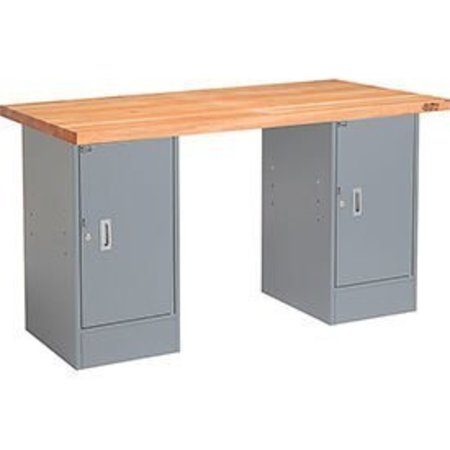 GLOBAL EQUIPMENT 60 x 24 Pedestal Workbench - Double Cabinet, Maple Block Square Edge - Gray 253788